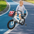 14" Kinderfahrrad Verstellbares Kinderfahrrad Belastbarkeit 60kg mit Stützrädern+Korb+Rückenlehne Rücksitz für 3-7 Jahre (Weiß/Schwarz)