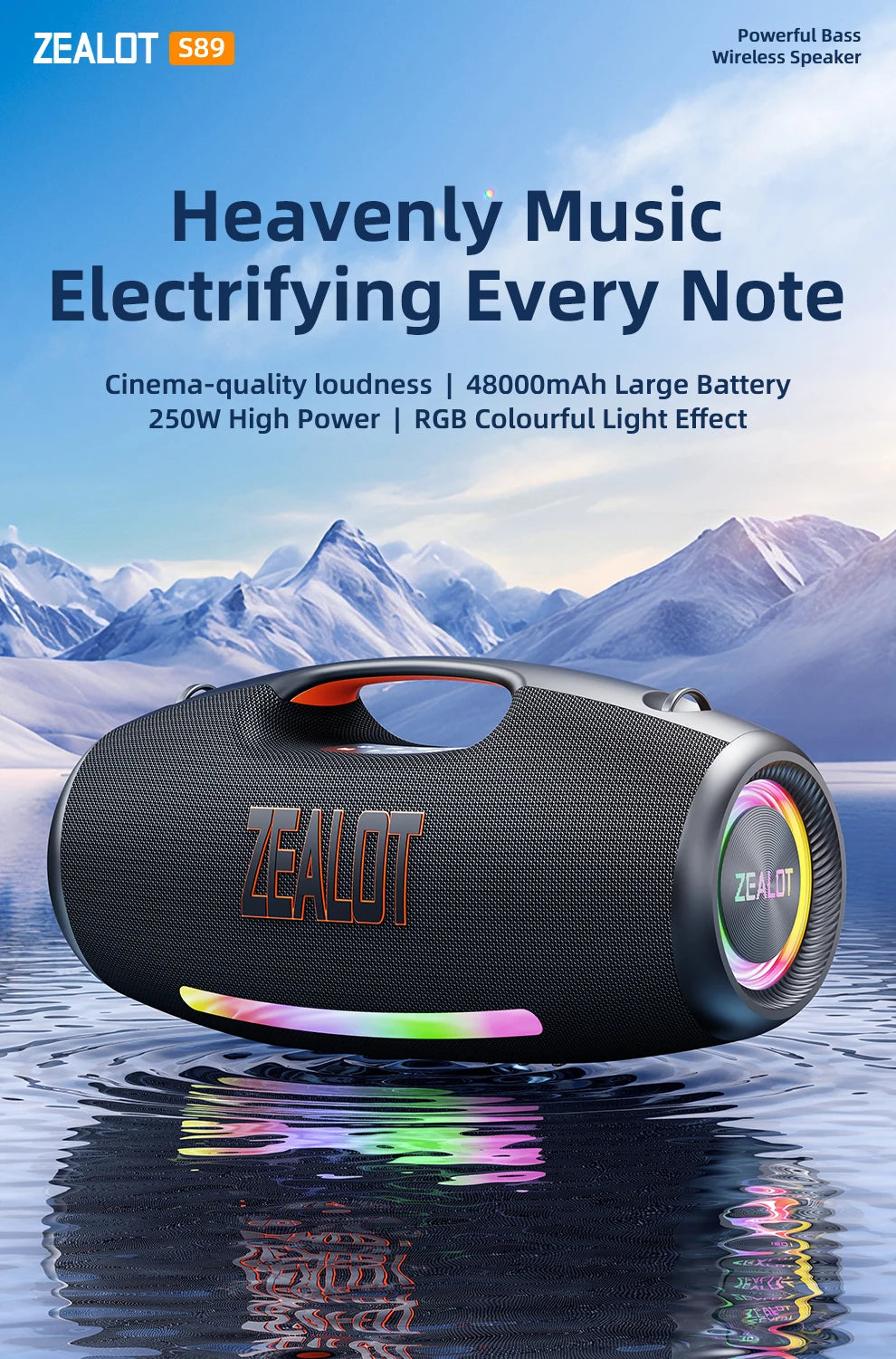 ZEALOT-S89 250W Wasserdichter tragbarer Bluetooth-Lautsprecher, kabelloser Outdoor-Boombox-SubwooferDreifach passive Radiatoren-Tiefer Bass