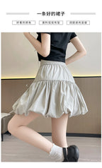 Süße Schleifen Plissierte Flauschige Röcke für Damen Sommer Koreanischer Stil Elastische Taille Laternenrock Damen Lockerer Weißer A-Linien Minirock