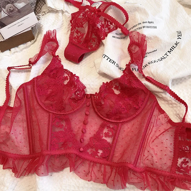 Heißer Verkauf Französisches sexy Dessous-Set für Damen, ultradünner transparenter BH und Höschen-Set, besticktes Spitzen-Form-Camisole-Unterwäsche-Set