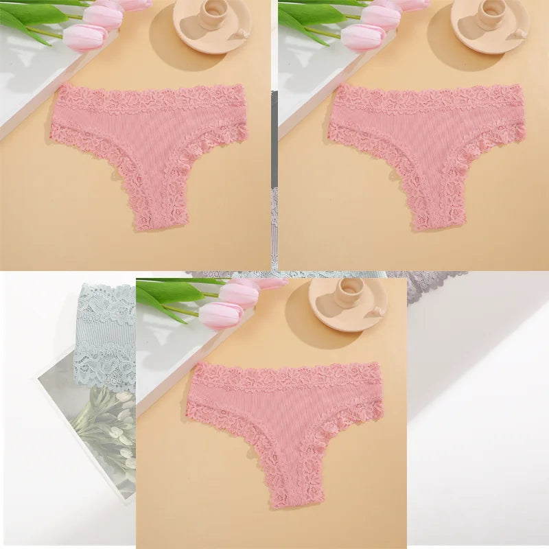 FINETOO 3er-Pack Damen Baumwollunterwäsche Slips Sexy Spitze Brasilianischer Slip Niedrige Taille Blumenmuster Einfarbig G-String Atmungsaktive Dessous