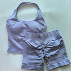 No Logo 2-teiliges Sportset Damen Rückenloses Tanktop Hohe Taille Scrunch Nahtlose Shorts Gym Set Sportbekleidung Workout Set Yoga