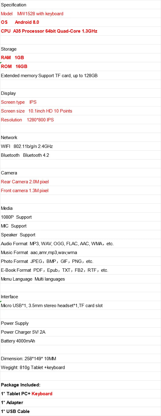 Android 8.0 Tablet PC A35 Prozessor 64 Bit Quad-Core 1.3GHz Dual-Kamera WLAN 10.1 Zoll 1GB RAM 16GB ROM MW1528 mit Tastatur