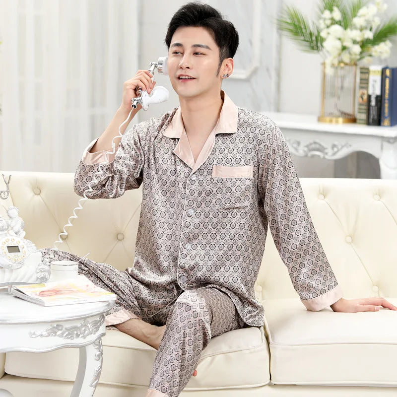 Hochwertiges Pyjama-Set Herren Frühling Herbst Dünn Polyester Eisseide Langarm Schlafanzug Übergröße Sommer Hauskleidung Männlich