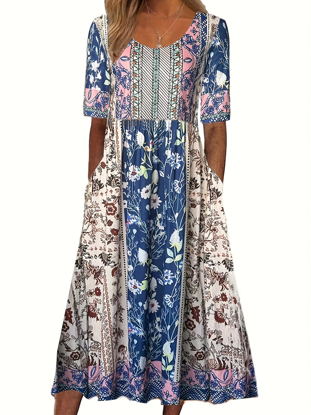 2025 Sommer Damen-Bohemia-Kleid locker, modischer Druck, Rundhalsausschnitt, kurze Ärmel, langes Kleid