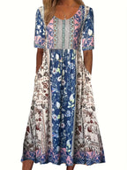 2025 Sommer Damen-Bohemia-Kleid locker, modischer Druck, Rundhalsausschnitt, kurze Ärmel, langes Kleid