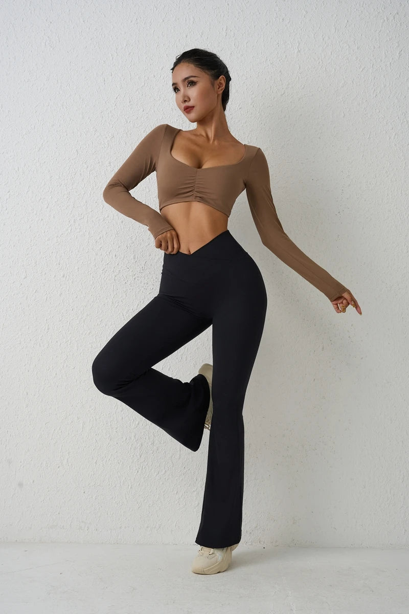 QINACTIVE Damen Yoga Shirts Crop Top Langarmshirts für Damen Yoga Sport Fitness Gym Kleidung Workout Tops