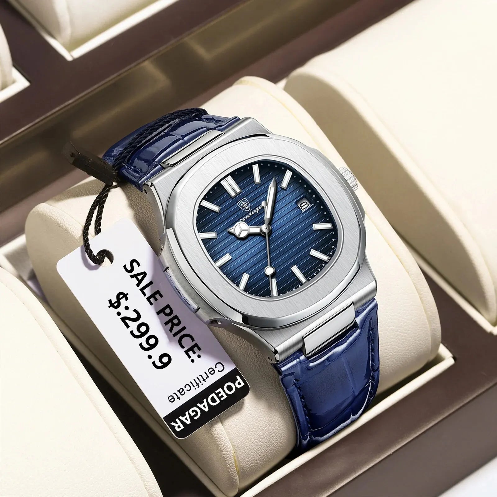 POEDAGAR Top Luxus Quadratische Herrenuhr Datum Wasserdicht Leuchtend Herren Armbanduhr Hochwertige Leder Herren Quarzuhren+Box Reloj
