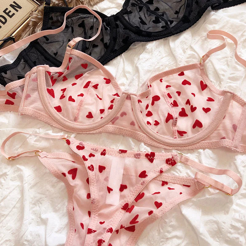 Neues Dessous-Tangas-Set, sexy, ultradünner transparenter BH, Damen-Bügel-Push-up-BH-Set, sommerliche, romantische Pfirsichherz-Unterwäsche
