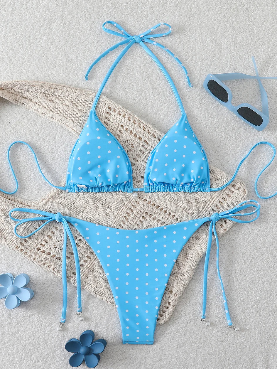Sexy Micro-Bikini-Sets mit Perlenpunktdruck, Bademode 2026, Badeanzug für Damen, Strandkleidung, Damen Strand Sommer Bikini, zweiteiliger Badeanzug