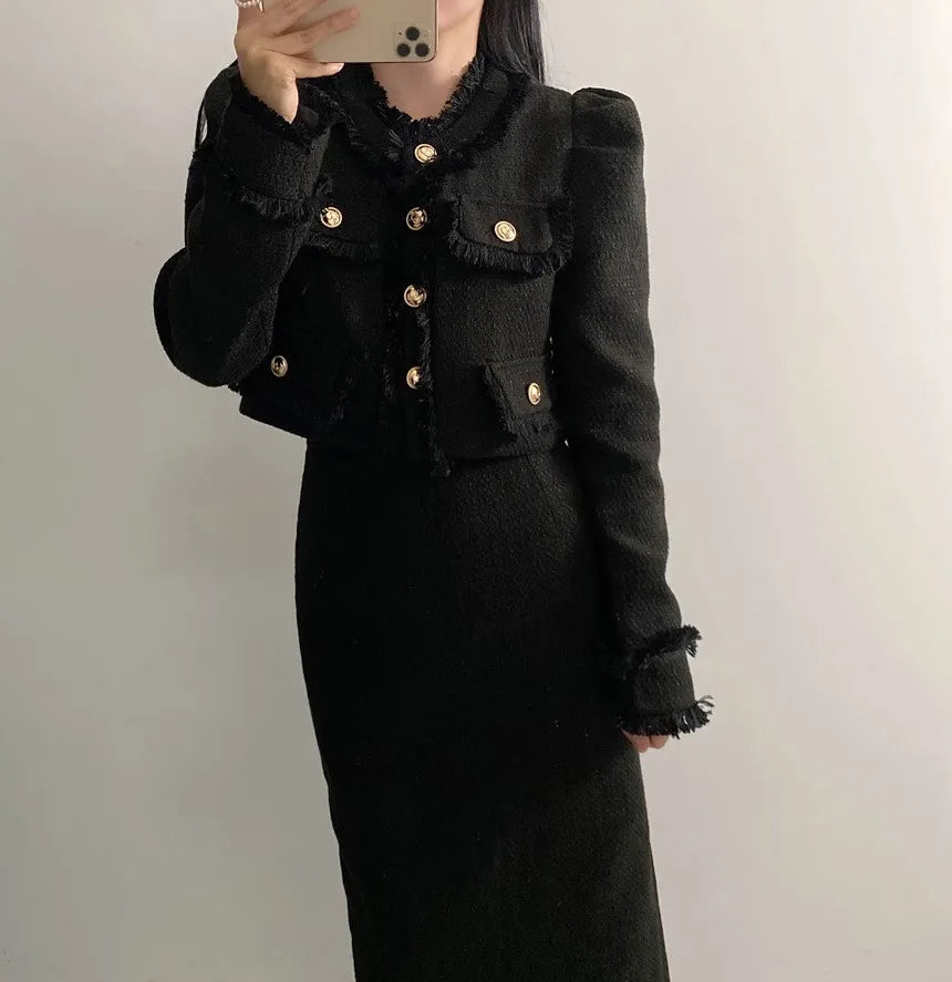 Beige Tweed Jacke + High Waisted Röcke Damen Winter Goldener Knopf 2-Teiler Woll Luxus Vintage Röcke Sets Herbst