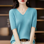 Damen Pullover Frühling Sommer Kurzarm V-Ausschnitt Strickshirt Lässige koreanische Pullover Gestreiftes Unterziehshirt Slim Fit Pullover