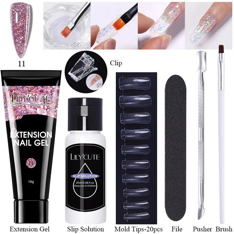 LILYCUTE 15ml Verlängerungsgel-Nagellack-Set Quick Nail Prolong mit Verlängerungsform-Nagelspitzen Acryl-Lösung Maniküre-Werkzeug-Kit