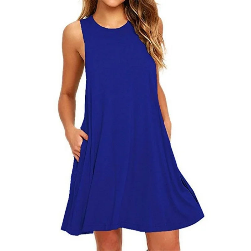 Damenkleid Sommer Freizeit T-Shirt Kleider Strandüberzug Einfarbig Plissee Tanktaschen Kleid