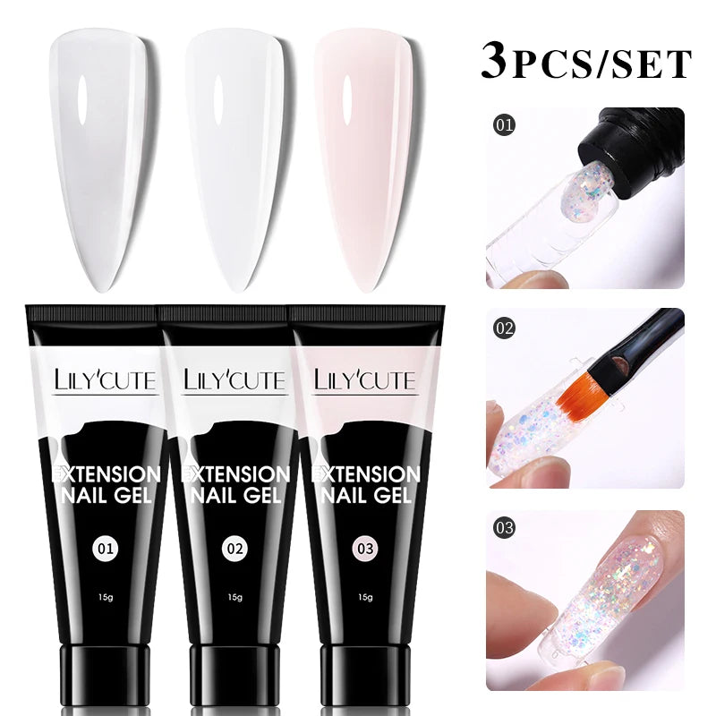 LILYCUTE 15ml Verlängerungsgel-Nagellack-Set Quick Nail Prolong mit Verlängerungsform-Nagelspitzen Acryl-Lösung Maniküre-Werkzeug-Kit
