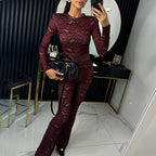 Elegante Damen-Büro-Hose, gerader Schnitt, sexy Overall mit O-Ausschnitt, Spitze, figurbetont, Club-Jumpsuit, Herbst, lässig, langärmelig, hohe Taille, Romper