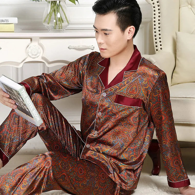 Hochwertiges Pyjama-Set Herren Frühling Herbst Dünn Polyester Eisseide Langarm Schlafanzug Übergröße Sommer Hauskleidung Männlich