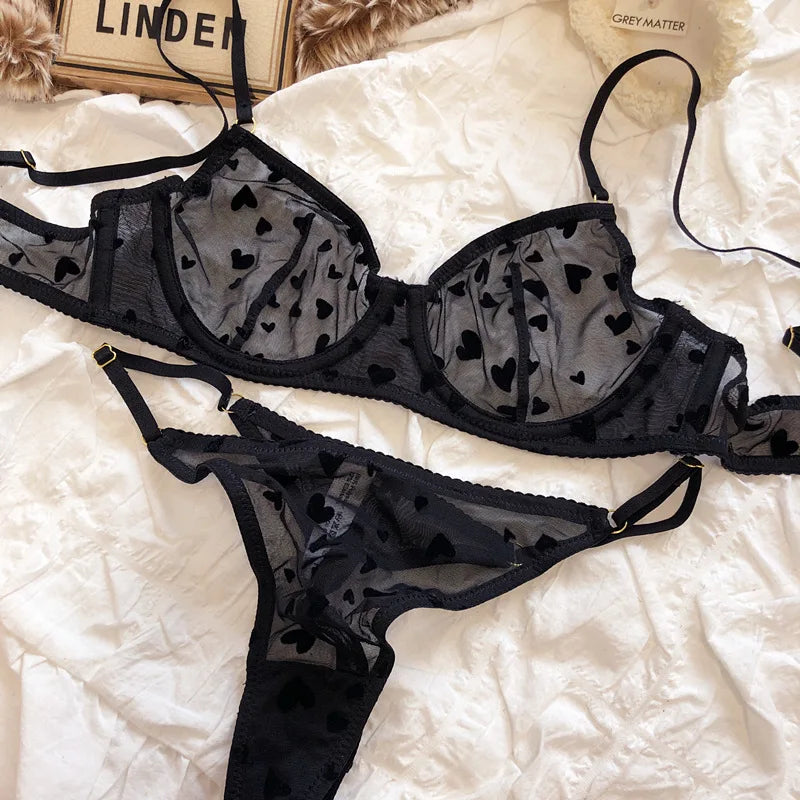 Neues Dessous-Tangas-Set, sexy, ultradünner transparenter BH, Damen-Bügel-Push-up-BH-Set, sommerliche, romantische Pfirsichherz-Unterwäsche