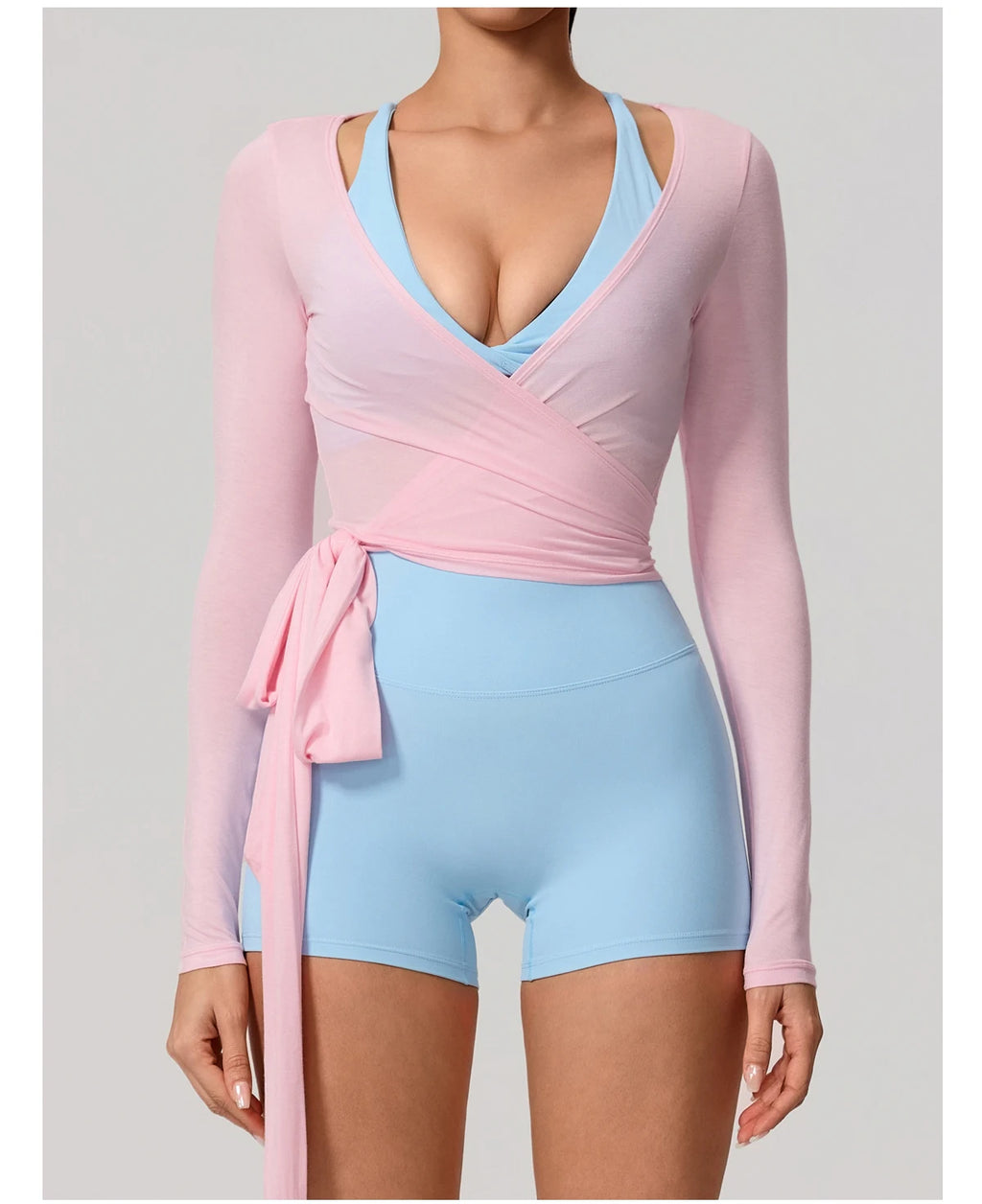 Neue Sommer Damen Yoga Langarm Einteiler Träger Yoga Kleidung Weibliches Training Premium Ballett WickeloberteileFrauen Fitness Sport Top