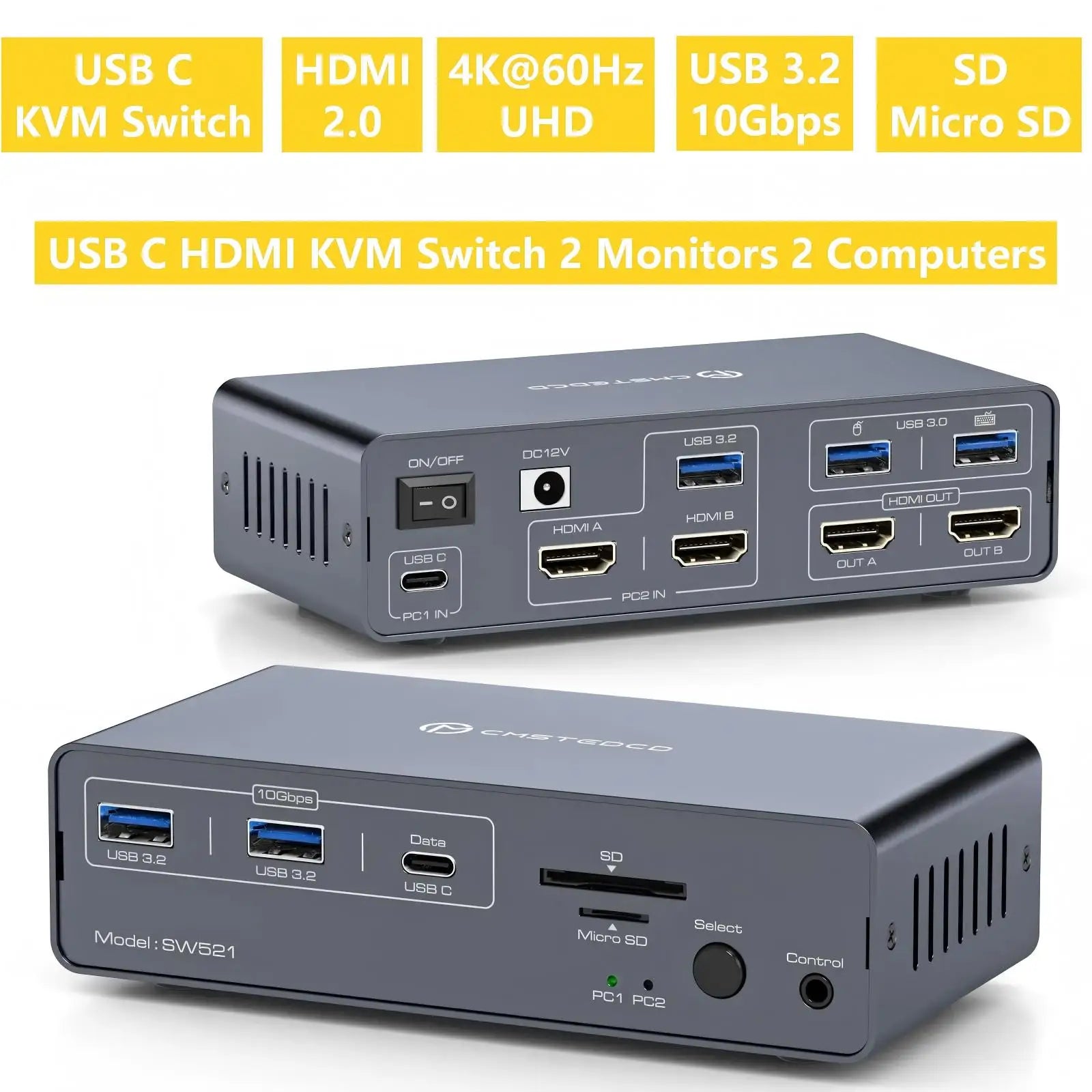 KVM Switch 2 Monitors 2 Computers Docking Station USB C+HDMI/DP Input,4K@60Hz/120Hz DisplayPort Dual Monitor for Laptop Desktop