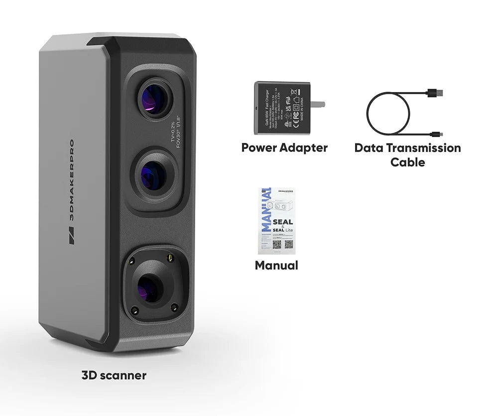 3DMakerpro Seal 3D Scanner, Blue Light Source, 0.01mm Accuracy, 0.05mm Resolution, 10fps Frame Rate, Visual Tracking, Anti-Shaking, 100x75mm Single Capture Range, 180-280mm Work Distance, 24-bit Color Scanning
