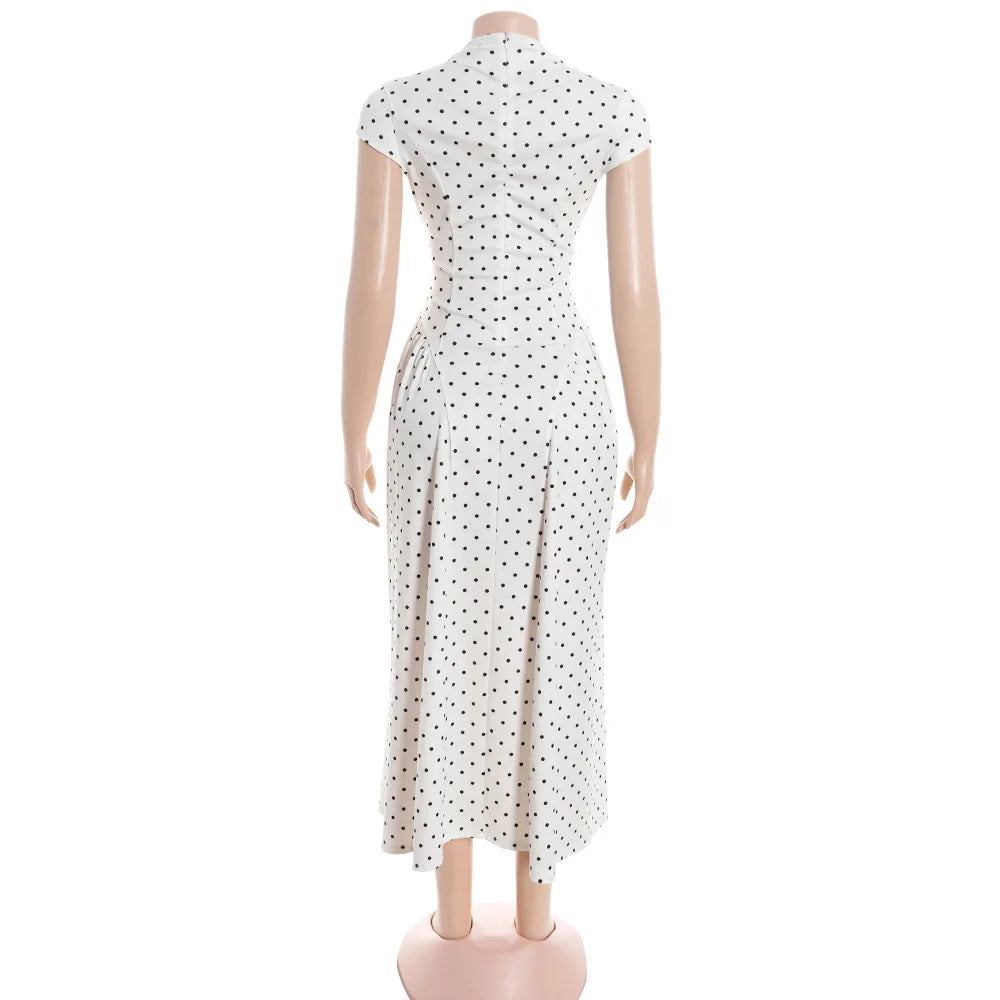 Talenza Weißes gepunktetes langes Kleid Sommer Sexy High-Waist Vintage Print Ärmelloses Kleid Lässige Party Urlaub Neues Damenkleid
