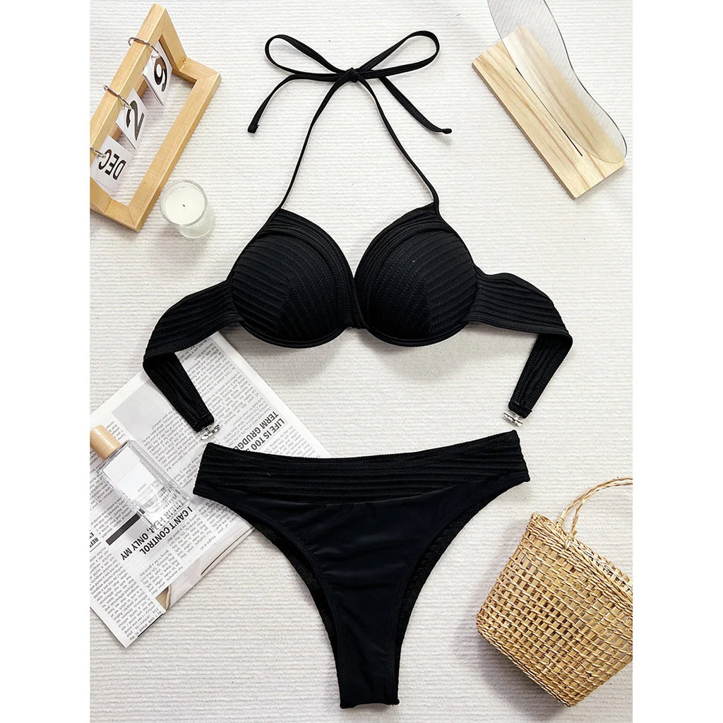 Gerüschter Neckholder Bügel-Bikini Damen Bademode Weiblicher Badeanzug Zweiteiliges Bikini-Set Mid Waist Badeanzug Schwimmen V5440