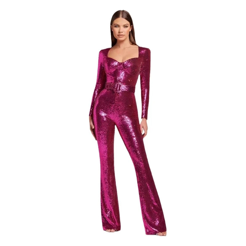 Damen-Jumpsuits Pailletten Einteiler Bodenlang Hosen-Overalls Lange Ärmel Bodycon Party-Nacht-Strampler Spleiß Hohe Taille Gürtel