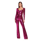 Damen-Jumpsuits Pailletten Einteiler Bodenlang Hosen-Overalls Lange Ärmel Bodycon Party-Nacht-Strampler Spleiß Hohe Taille Gürtel