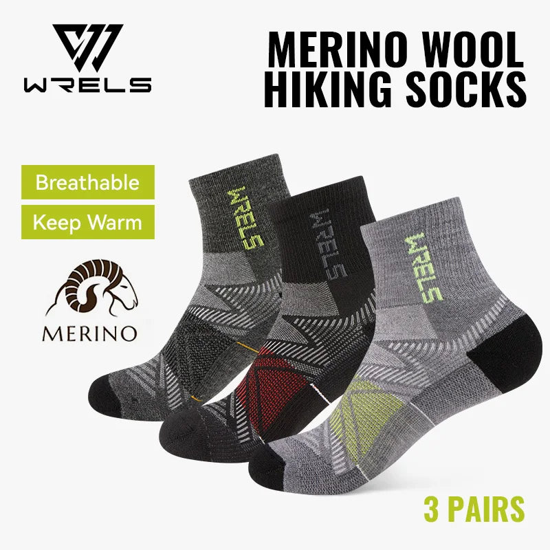 WRELS 1/2/3 Paar Merinowollsocken Wander-Laufsocken Atmungsaktiv Gepolstert Schweißableitend Warm Thermisch Kompressions-Wollsocken