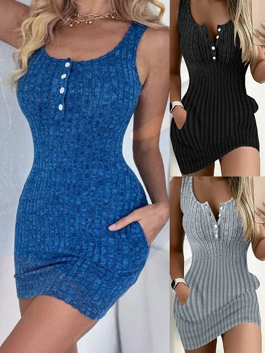 Tanktop-Kleid mit Knopfleiste und Tasche, elegantes ärmelloses Bodycon-Kleid für Frühling und Sommer, Damenbekleidung Hauptbild