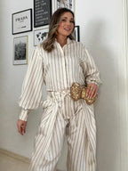 HH Damen Frühling Neue Mode Vintage Vielseitige Beige Gestreifte Puffärmel-Shirt + Hochtaillierte Lockere Plissierte Lässige Lange Hose Set
