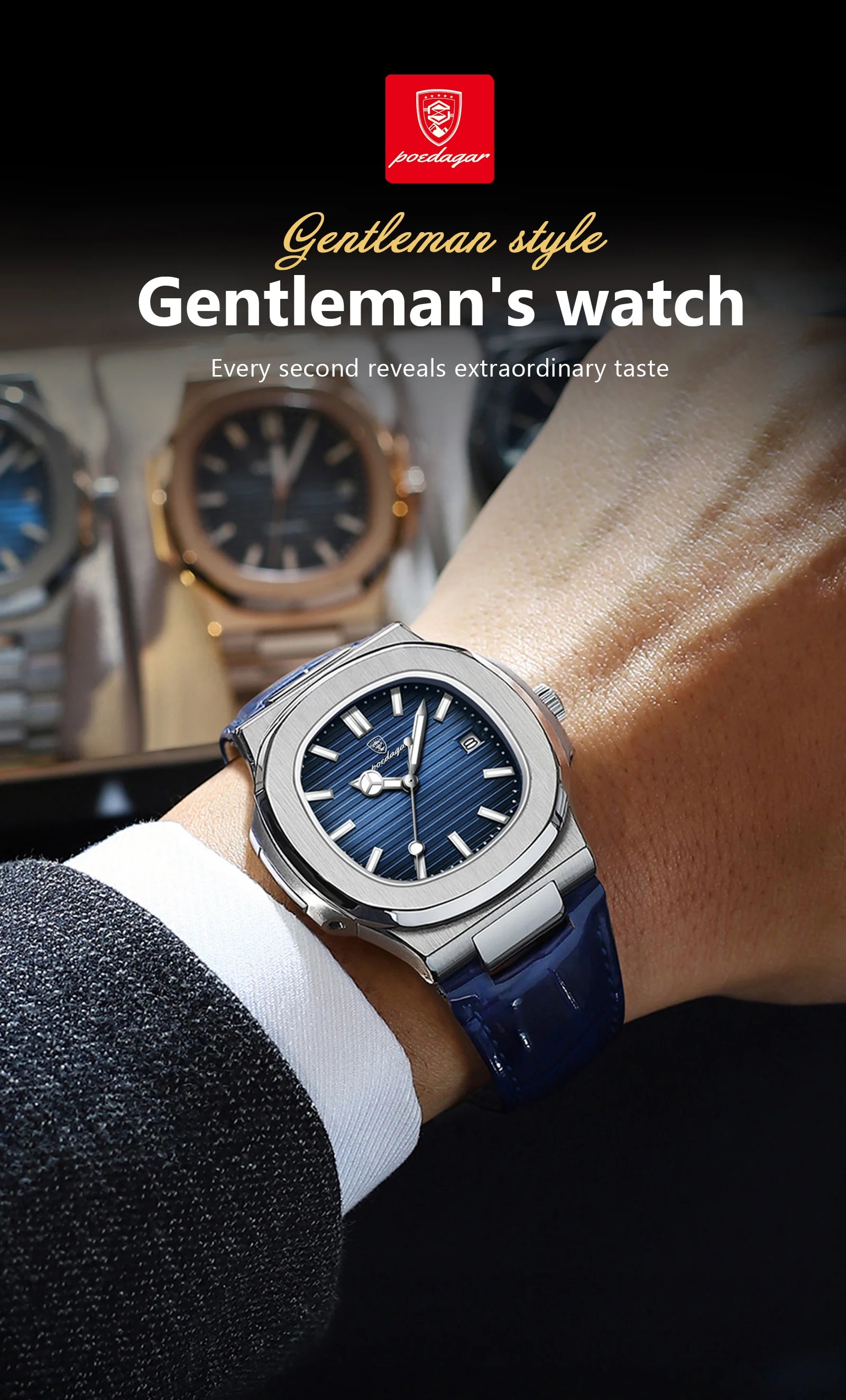 POEDAGAR Top Luxus Quadratische Herrenuhr Datum Wasserdicht Leuchtend Herren Armbanduhr Hochwertige Leder Herren Quarzuhren+Box Reloj