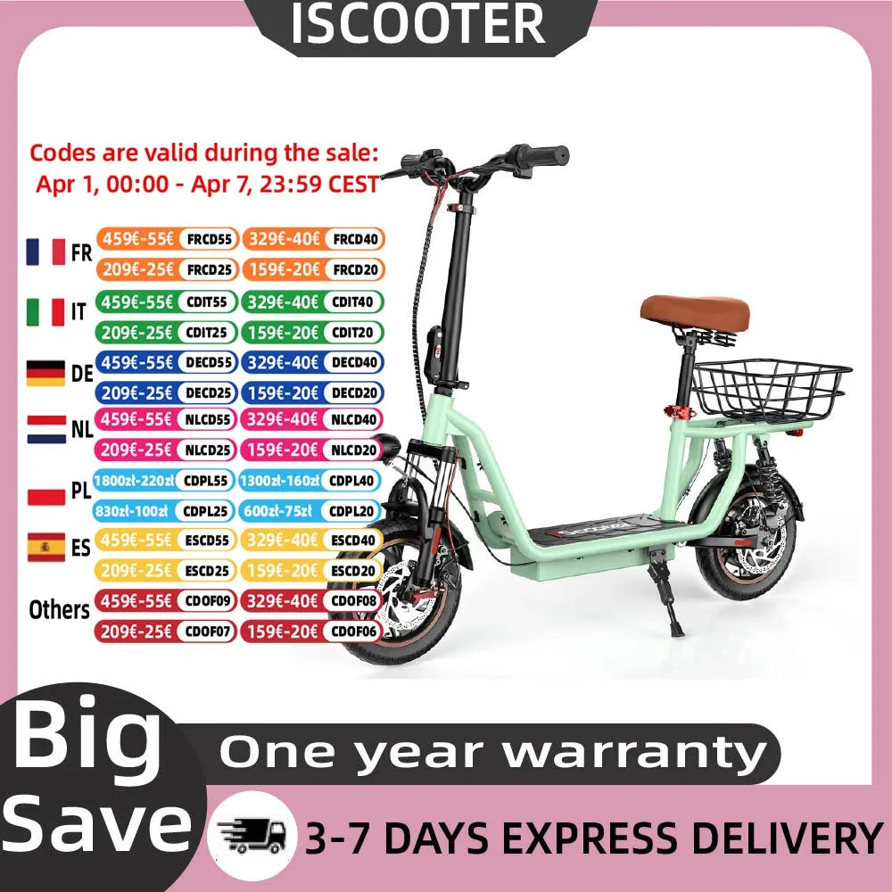 ISCOOTER i12 Elektroroller für Erwachsene 500W Motor E-Scooter 36V7.5AH Akku Elektroroller 12 Zoll Straßenreifen Elektroroller
