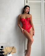 Ellolace Palace Damen Dessous Sets Weidenkorsett String 2-teiliges Set Sexy Heiß Trägerlos Spitze Ausgefallener tiefer V-Ausschnitt Damen Unterwäsche