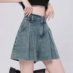 Koreanische Lässige High Waist Plissierte Denim Shorts Für Frauen Frühling Sommer Baggy Jeans Shorts Y2k A-Linien Weite Beine Jeans