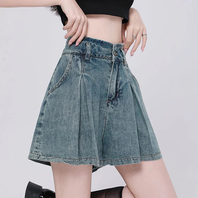 Koreanische Lässige High Waist Plissierte Denim Shorts Für Frauen Frühling Sommer Baggy Jeans Shorts Y2k A-Linien Weite Beine Jeans