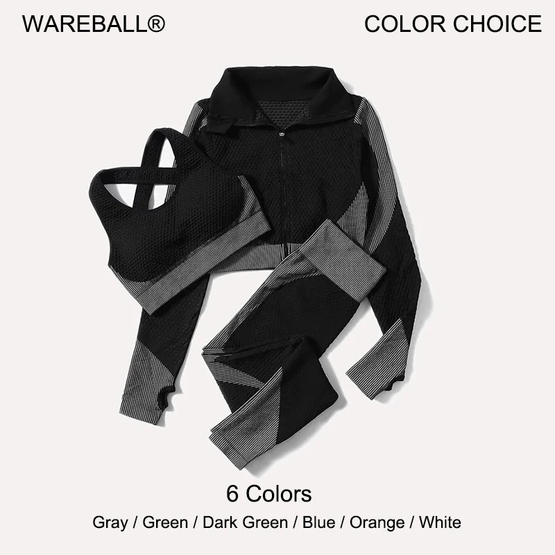 2/3tlg Damen Yoga Anzug Nahtlos Gestrickte Yogahose Leggings Kleidung Reißverschluss Langarm Crop Top Fitnesskleidung Sportbekleidung Gym Set Hauptbild