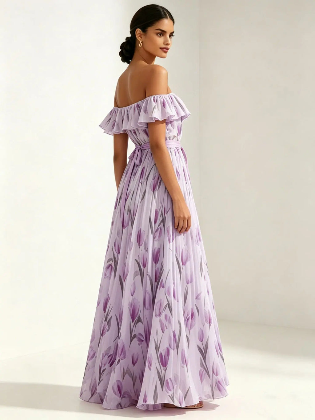 2026 Sommer schulterfreies Kleid mit Tulpenprint in großen Größen, schlankmachend, mit eckigem Ausschnitt und Maxilänge