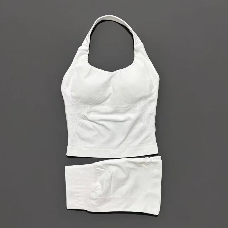 2-teiliges Sportset Damen Rückenloses Tanktop Hohe Taille Scrunch Nahtlose Shorts Fitnesskleidung Activewear Trainingssets Gym Anzug