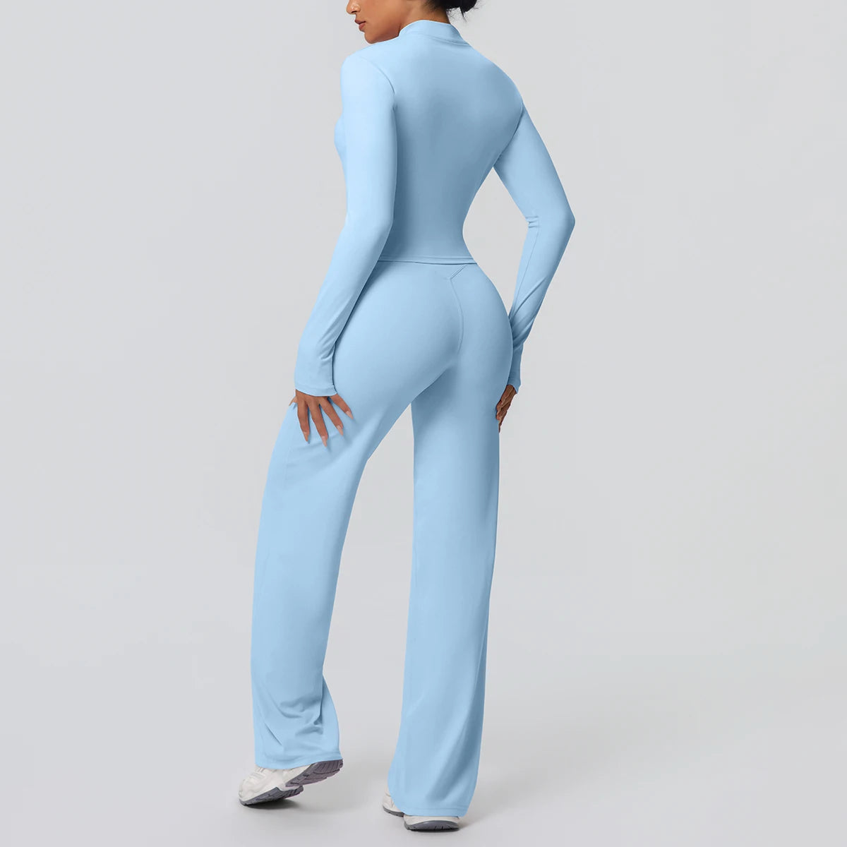 2-teiliges schnelltrocknendes Sport-Fitness-Bekleidung Yoga-Set Damen Yoga Reißverschluss Langarm High Waisted atmungsaktive weite Hose Set
