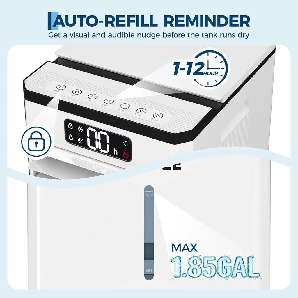Tragbarer mobiler Kühlerlüfter 7L Tank 12h Timer 120° Oszillation, Fernbedienung mit beweglichen Rädern für Schlafzimmer, Wohnzimmer
