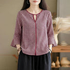 ZANZEA Damen Sommer Plaid Patchwork Bluse 3/4 Glockenärmel Cut Out Tops Lässiges lockeres Hemd Retro Chemise Damen Arbeitsblusen