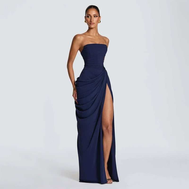 Damen einfarbiges plissiertes, sexy trägerloses Kleid, elegantes schulterfreies, rückenfreies Kleid mit hoher Taille und Schlitz 2026, neues Abendparty-Kleid