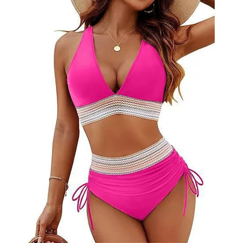 Sexy tiefer V-Ausschnitt Bikini Set Damen 2026 Sommer Strand mit Brustpolster Bademode High Waist Kordelzug Triangel Bikini