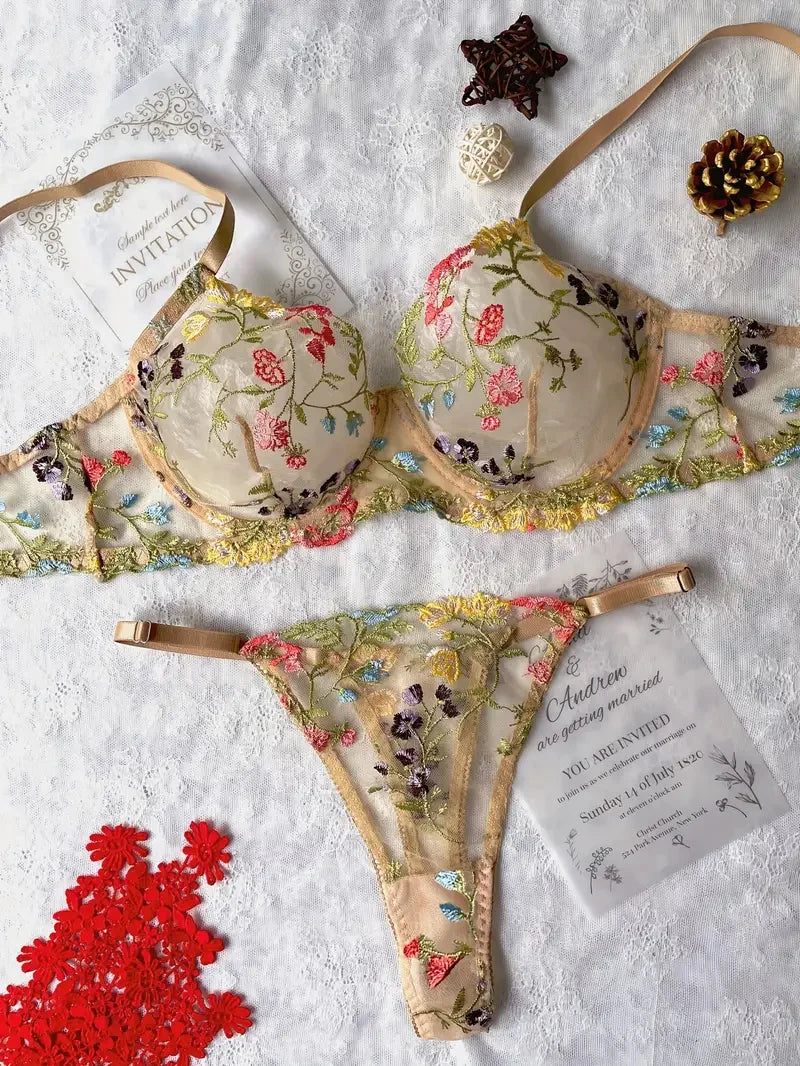 Yimunancy Blumenstickerei Dessous-Set Damen transparentes 2-teiliges Boho-BH + Höschen Unterwäsche-Set Intimates
