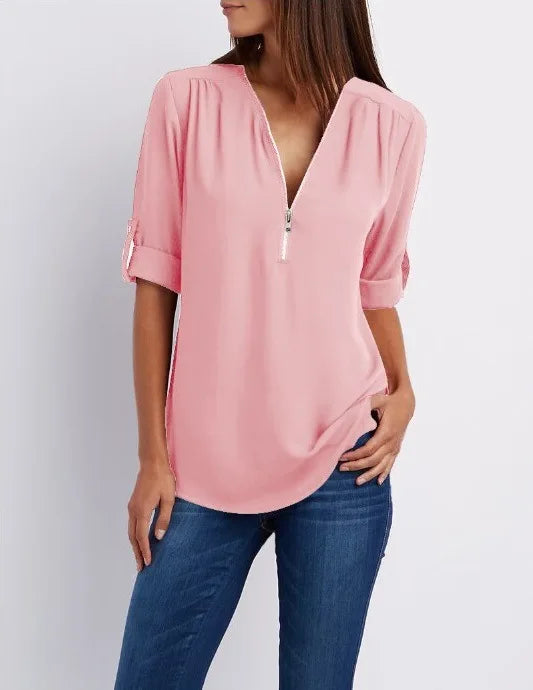 2024 Qualität Heißer Verkauf Plus Size Tiefer V-Ausschnitt Damenbluse Chiffon Coole lockere Hemd Mode Freizeit Damen Tops Sexy Reißverschluss Pullover