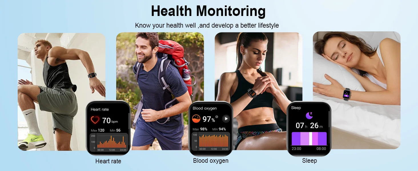 Smartwatch (Anrufe annehmen/tätigen), 1,96" Smartwatch, Fitness-Tracker, Schlafmonitor, Schrittzähler, über 100 Sportmodi, IP68 wasserdicht