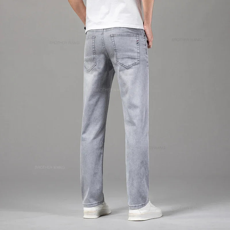 Sommer dünn Herren Elastische Baumwolljeans Mode Grau Bequem Business Straight Casual Hose Marke Männliche Kleidung Hosen Zweitbild