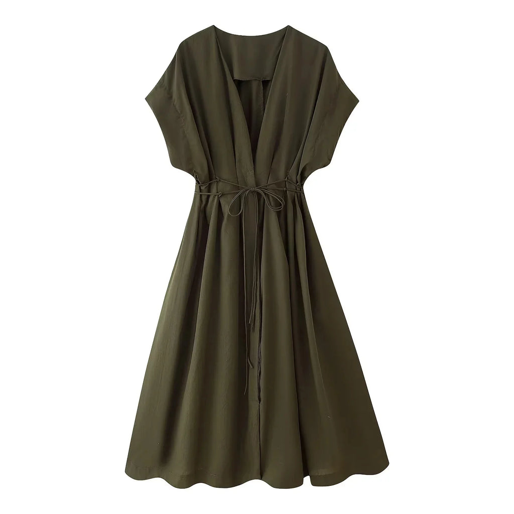 KONDALA 2026 Frühling Sommer Vintage Damenkleid Mode Einreihig Schärpen Drapierter V-Ausschnitt Ärmellos Schicke Braune Damenkleider